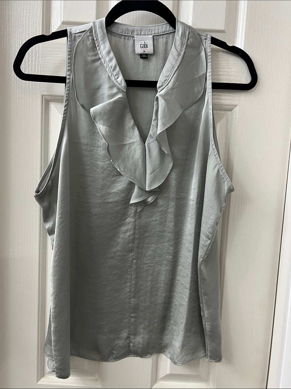CAbi Silver Satin Ruffle V-Neck Sleeveless Top